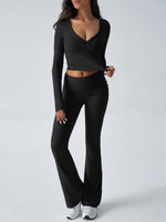 Yoga Wear Slim Fit Sports Knit Long Sleeve Pants Two-Piece Loungewear Set Black