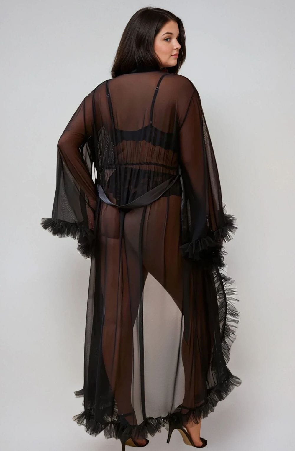YesX Plus Size Sexy Mesh Ruffled Long Robe Black