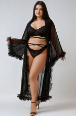 YesX Plus Size Sexy Mesh Ruffled Long Robe Black